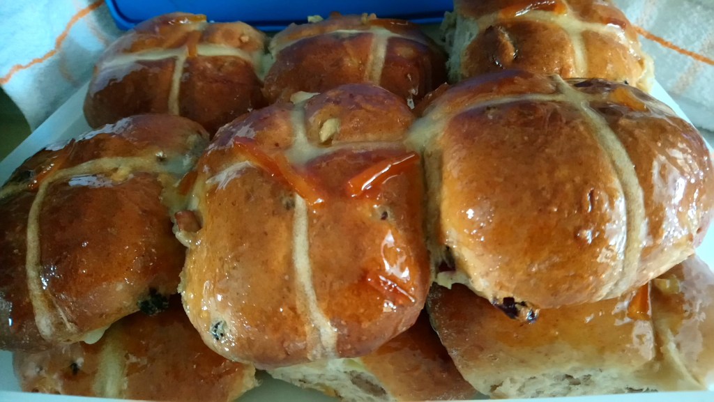 Jam or marmalade coated hot cross buns