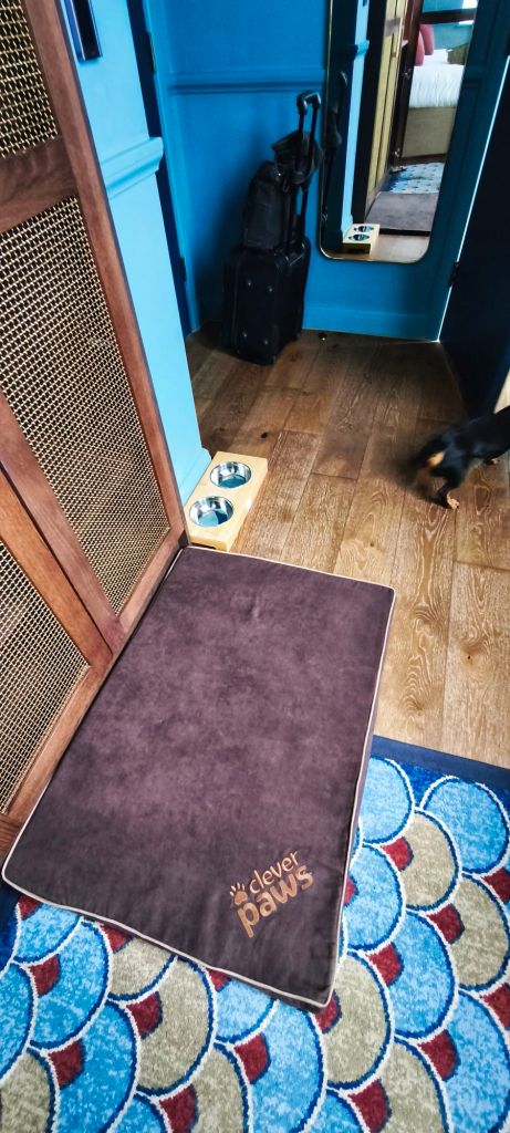 A dog mat labeled 'clever paws' placed on wooden flooring next to two pet bowls, with a suitcase in the background and a glimpse of a bedroom visible through the doorway.
